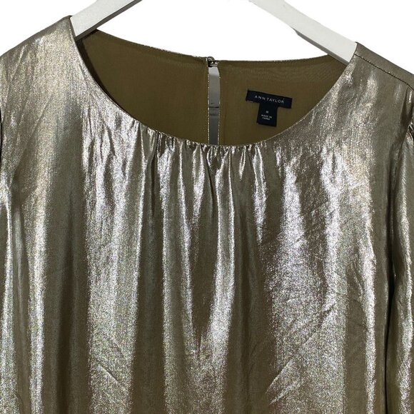 Ann Taylor Medium Gold Bronze Lame Top 3/4 Sleeves Womens Blouse Holiday - Picture 2 of 9